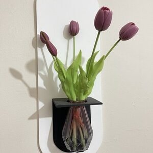 Modern wall decor 24x9 inch made of 8mm PVC board with imported artificial flowers and glass vase showpiece, easy hook & tape fitting system.