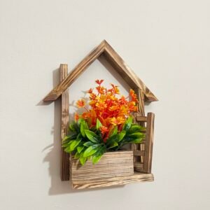 Handmade Wooden Flower Pot with Artificial Flowers for Home & Office Decor